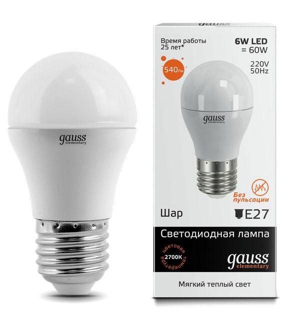 Лампа Gauss LED Elementary Clobe  6w 3000 K E 27