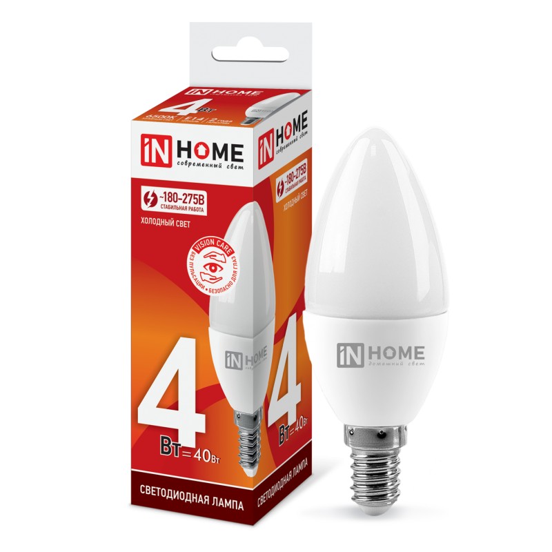 ЛАМПА СВЕТОДИОД. LED-СВЕЧА-VC 6ВТ 230В Е14 4000К БЕЛЫЙ IN HOME