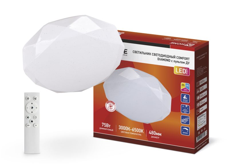 CВЕТИЛЬНИК СВЕТОДИОДНЫЙ COMFORT DIAMOND 75ВТ 230В 3000-6500К 6000ЛМ 480*80ММ С ПУЛЬТОМ IN HOME