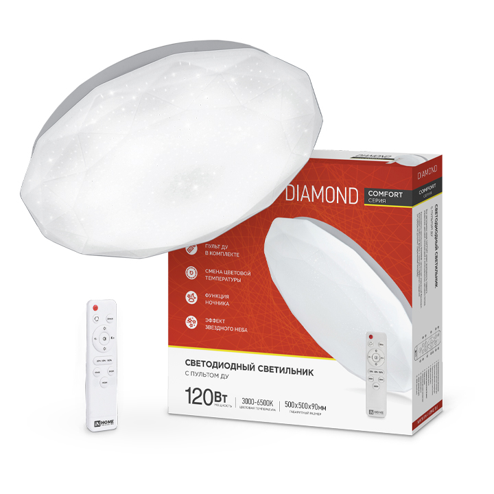 CВЕТИЛЬНИК СВЕТОДИОДНЫЙ COMFORT DIAMOND 55ВТ С ПУЛЬТОМ  230В 3000-6500К 4400ЛМ 500Х100ММ IN HOME